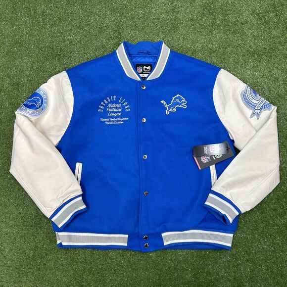 Detroit Lions NFL Team Apparel Faux Wool Varsity Bomber Jacket Size L NWT $160 - Picture 1 of 8